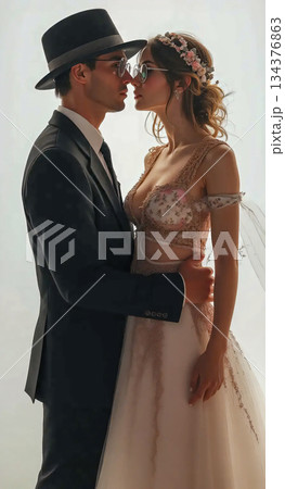 Intimate gaze a couple's tender moment. A couple stands closely, evoking a sense of intimacy. 134376863