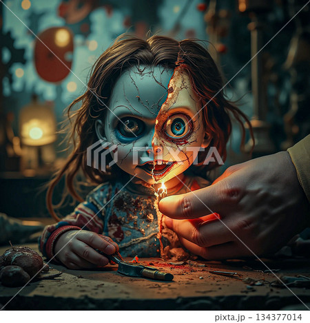 Chilling gaze the doll's fiery awakening. A disturbing doll with cracked, dual-tone features is partially illuminated by a hand holding a lit match.  134377014