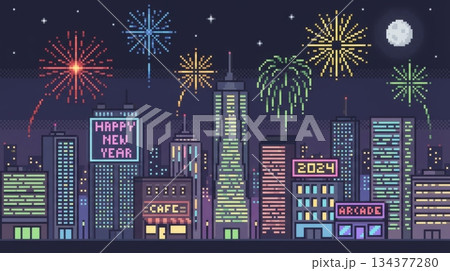 City Night View with High-Rise Buildings, Neon Lights, and Fireworks City Night View with High-Rise Buildings, Neon Lights, and Fireworks 134377280