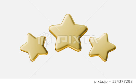 3D gold star icon set isolated on white background for rating and review concepts. Gold star symbols represent five star rating, quality, feedback and award icons for UI, apps, products and services. 134377298