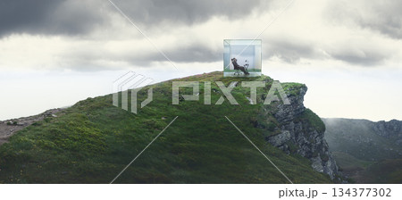 Solitary man working inside transparent office cube on mountain ridge collage. Solitary man working inside transparent office cube on mountain ridge collage. 134377302