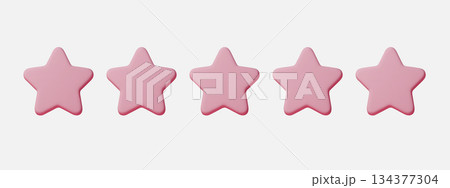 3D pink star icon set isolated on white background for rating and review concepts. Pink star symbols show five star rating, quality and feedback for apps, services and web design 134377304