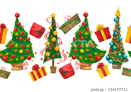 A seamless border of Christmas trees and gift boxes. A vibrant hand-drawn watercolor cartoon illustration. Suitable for printing on textiles, tape, ribbon, paper, invitations, and cards. Holiday, 2026 134377711