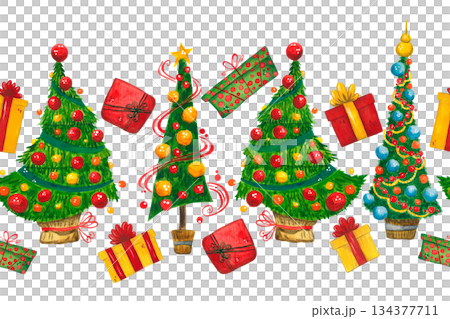 A seamless border of Christmas trees and gift boxes. A vibrant hand-drawn watercolor cartoon illustration. Suitable for printing on textiles, tape, ribbon, paper, invitations, and cards. Holiday, 2026 134377711