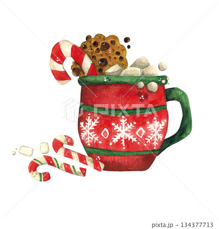 Red mug with cocoa and sweets hand-drawn watercolor illustration, cartoon. Design for printing on textiles, tape, ribbon, paper, invitations, and cards. Holiday, New Year, Christmas, drink, food, 2026 134377713
