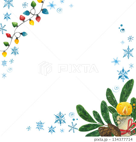 Hand drawn watercolor illustration. Festive, New Year's card, frame. Holiday, new year, christmas, winter, snowflake, pine cone, fir branch, pine needles, christmas tree, tree, garland, light, lantern 134377714