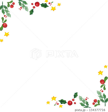 Watercolor illustration, hand drawn. Holiday, new year, christmas, holly, berries, stars, leaf, botany, plants, red, green, scrapbooking 134377716