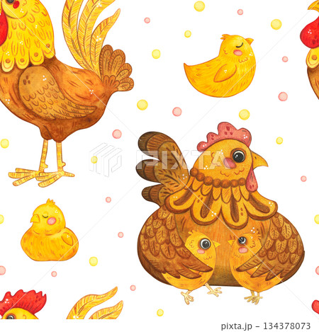 Seamless pattern with chickens, a hen, and a rooster, hand-drawn watercolor illustration, cartoon style. Design for printing on textiles, tape, ribbon, paper, invitations, and cards. Holiday, birds Seamless pattern with chickens, a hen, and a rooster, hand-drawn watercolor illustration, cartoon style. Design for printing on textiles, tape, ribbon, paper, invitations, and cards. Holiday, birds 134378073