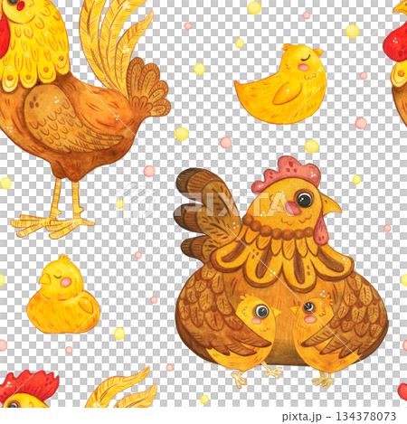 Seamless pattern with chickens, a hen, and a rooster, hand-drawn watercolor illustration, cartoon style. Design for printing on textiles, tape, ribbon, paper, invitations, and cards. Holiday, birds 134378073