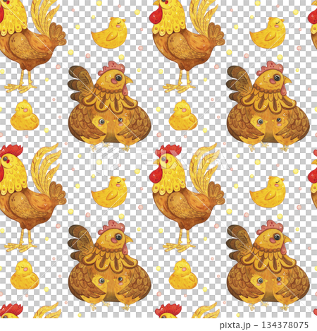 A large seamless pattern with chickens, a hen, and a rooster, a hand-drawn watercolor cartoon illustration. Suitable for printing on textiles, tape, ribbon, paper, invitations, and cards. Holiday A large seamless pattern with chickens, a hen, and a rooster, a hand-drawn watercolor cartoon illustration. Suitable for printing on textiles, tape, ribbon, paper, invitations, and cards. Holiday 134378075