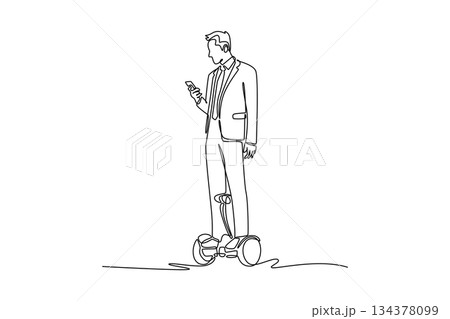 Continuous one line drawing young man in business suit riding hoverboard while checking his smartphone. Depicts efficient, tech-savvy professional. Single line draw design vector graphic illustration Continuous one line drawing young man in business suit riding hoverboard while checking his smartphone. Depicts efficient, tech-savvy professional. Single line draw design vector graphic illustration 134378099