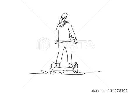 Single continuous line drawing woman viewed from behind, standing on two-wheeled self-balancing hoverboard. Eco-friendly micro-mobility urban travel. One line draw graphic design vector illustration Single continuous line drawing woman viewed from behind, standing on two-wheeled self-balancing hoverboard. Eco-friendly micro-mobility urban travel. One line draw graphic design vector illustration 134378101