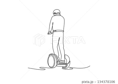 Single continuous line drawing man wearing helmet, viewed from behind, riding Segway-style personal transporter. Depicts efficient and unique movement. One line draw graphic design vector illustration Single continuous line drawing man wearing helmet, viewed from behind, riding Segway-style personal transporter. Depicts efficient and unique movement. One line draw graphic design vector illustration 134378106