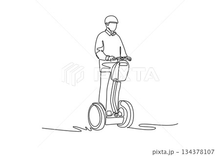 Single continuous line drawing man wearing helmet and jacket, standing on Segway-style transporter. Efficient personal transport in urban environments. One line draw graphic design vector illustration Single continuous line drawing man wearing helmet and jacket, standing on Segway-style transporter. Efficient personal transport in urban environments. One line draw graphic design vector illustration 134378107