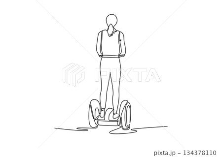 Single one line drawing back view of woman standing on two wheeled or segway. Modern micro mobility options and futuristic urban travel devices. Continuous line draw design graphic vector illustration 134378110