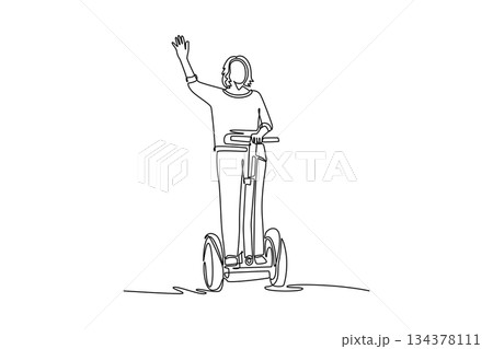 Single continuous line drawing woman standing on Segway style personal transporter and raising one hand in wave. Fun, easy, futuristic micro mobility. One line draw graphic design vector illustration Single continuous line drawing woman standing on Segway style personal transporter and raising one hand in wave. Fun, easy, futuristic micro mobility. One line draw graphic design vector illustration 134378111