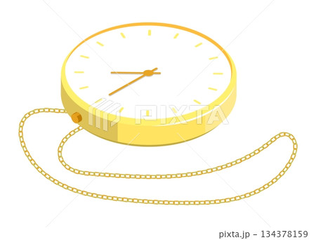 Isometric gold plated antique pocket watch on a chain. Isolated cartoon vector on white back top view Isometric gold plated antique pocket watch on a chain. Isolated cartoon vector on white back top view 134378159