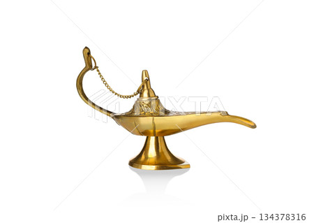 Golden lamp on a white surface with a chain, isolated, PNG Golden lamp on a white surface with a chain, isolated, PNG 134378316