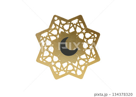 Crescent moon gold star ornament for Ramadan, isolated, PNG 134378320