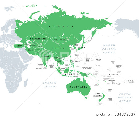 Asia-Pacific, or the Indo-Pacific, political map. Countries and territories of a major geopolitical and economic region of the world, adjoining the western Pacific Ocean, highlighted in green. Vector 134378337