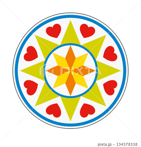 Hex sign with eight-pointed stars and hearts, a symbol of love and good luck. Motif in the style of Pennsylvania Dutch folk art. Multi colored 8-pointed stars with red hearts and blue borders. Vector 134378338