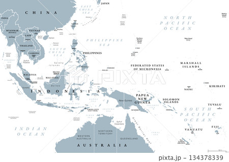 Southeast Asia, Melanesia, and Micronesia, gray political map. Countries south of China and east of India, with subregions of Oceania Micronesia and Melanesia, and northern part of Australasia. Vector 134378339