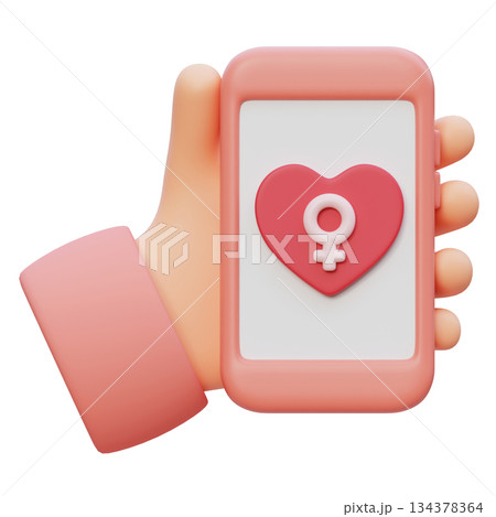 Hand Holding Smartphone with Female Gender Symbol and Heart on Screen cartoon style 3D graphic 134378364