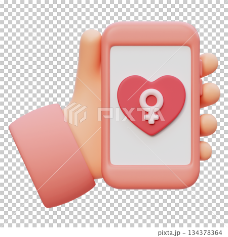 Hand Holding Smartphone with Female Gender Symbol and Heart on Screen cartoon style 3D graphic 134378364