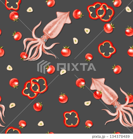 Seamless pattern with hand-drawn squid, fresh tomatoes, sliced bell pepper rings, and garlic on a dark gray background. Perfect for restaurant menus, food packaging, kitchen textiles, or recipe 134378489