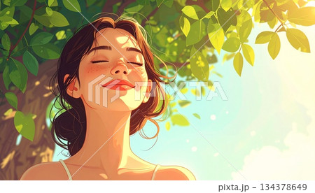 大きな木の下で目を閉じてリラックスしている女性 AI生成素材 大きな木の下で目を閉じてリラックスしている女性 AI生成素材 134378649
