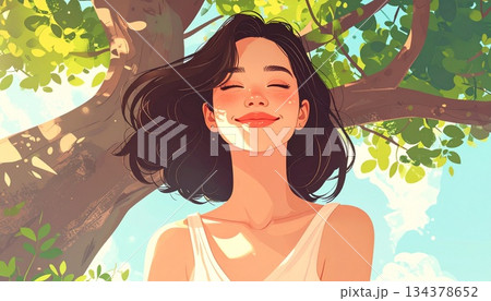 大きな木の下で目を閉じてリラックスしている女性 AI生成素材 大きな木の下で目を閉じてリラックスしている女性 AI生成素材 134378652