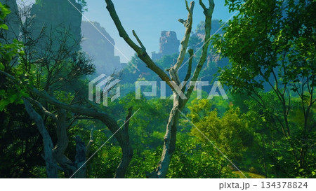 Bright sunlight filters through lush green trees in a vibrant landscape. Towering cliffs loom in the background, creating a stunning and tranquil natural scene full of life. 134378824