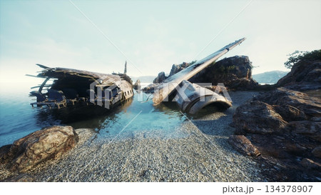 An abandoned shipwreck rests on a rocky beach, partially submerged in calm waters. The sun shines brightly, casting reflections on the surface while nature reclaims the scene. 134378907