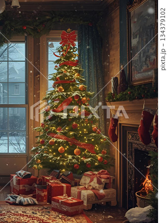 暖炉のある部屋　外は雪景色 134379102