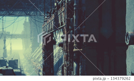 A vast, abandoned industrial space emerges, enveloped in shadows and light. Tall structures loom, woven with pipes and cables, creating an atmosphere of mystery and desolation. 134379262