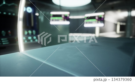 A high tech control room features glowing panels and digital displays. The modern setting suggests a focus on advanced technology and monitoring activities within the space. A high tech control room features glowing panels and digital displays. The modern setting suggests a focus on advanced technology and monitoring activities within the space. 134379360
