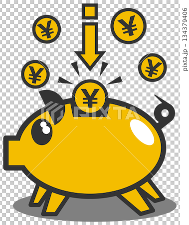 Illustration of putting cash into a cute piggy bank to save money for investment 134379406