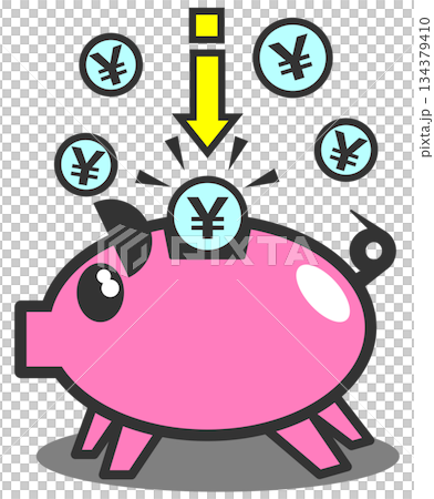 かわいいブタの貯金箱に現金を入れて投資の資金を貯めるイラスト かわいいブタの貯金箱に現金を入れて投資の資金を貯めるイラスト 134379410