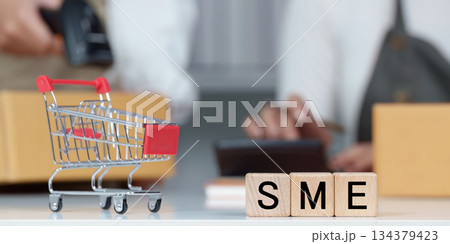 SME Focus. Shopping cart and blocks spelling SME in a business environment. SME Focus. Shopping cart and blocks spelling SME in a business environment. 134379423