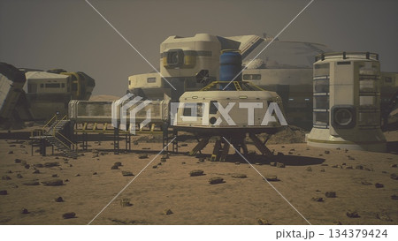 A futuristic colony is set on the Martian surface, with unique structures and advanced technology. Dust and rocky terrain surround the habitat, highlighting life on another planet. A futuristic colony is set on the Martian surface, with unique structures and advanced technology. Dust and rocky terrain surround the habitat, highlighting life on another planet. 134379424
