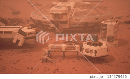 On a distant planet, a colony stands resilient amid swirling red dust. Advanced structures display innovative design, showcasing humanitys venture into space exploration. On a distant planet, a colony stands resilient amid swirling red dust. Advanced structures display innovative design, showcasing humanitys venture into space exploration. 134379426