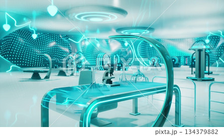 Inside a modern lab, bright blue lights illuminate sleek equipment and high tech devices. The space is filled with futuristic designs creating an inspiring atmosphere for innovation and discovery. Inside a modern lab, bright blue lights illuminate sleek equipment and high tech devices. The space is filled with futuristic designs creating an inspiring atmosphere for innovation and discovery. 134379882
