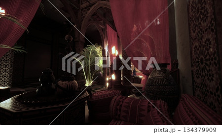 Soft light filters through pink drapes in a cozy lounge. Intricate decor complements rich textures, creating a warm and inviting atmosphere perfect for relaxation. 134379909