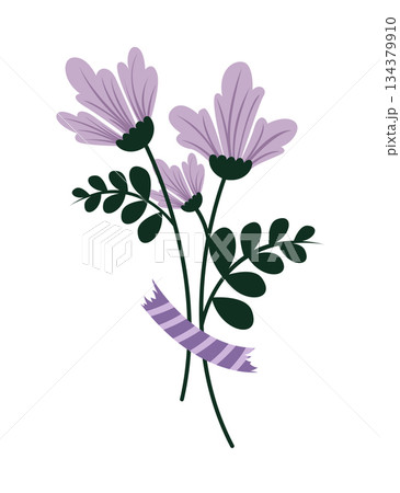 Flowers bouquet decoration attached by colorful washi tape. Floral pieces pretty romantic ornaments with sticker strips vector illustration Flowers bouquet decoration attached by colorful washi tape. Floral pieces pretty romantic ornaments with sticker strips vector illustration 134379910