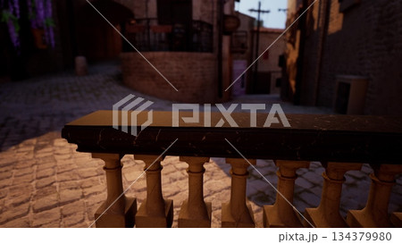 A winding cobblestone street illuminated by the warm glow of evening light, showcasing rustic buildings and a quaint atmosphere. The scene captures the essence of a peaceful old town. A winding cobblestone street illuminated by the warm glow of evening light, showcasing rustic buildings and a quaint atmosphere. The scene captures the essence of a peaceful old town. 134379980