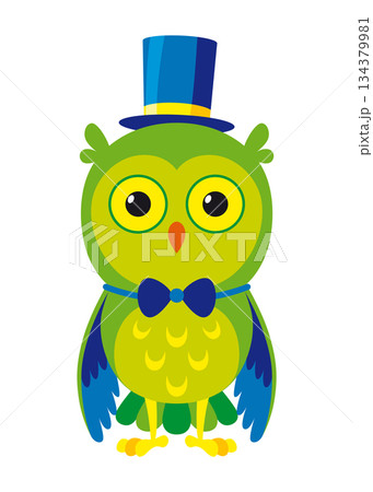 A pixel art illustration of an owl, dressed in a stylish top hat and a bow tie 134379981