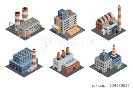 Factory isometric. Architecture of manufactures houses. Industrial buldings. 3d isolated icons. Concept of industrial working plants with chimney pipe tower 134380023