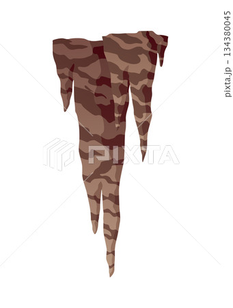 Stalactite. Icicle shaped hanging mineral formations in cave. Nature brown limestone, material stone icon. Natural growth geology formations 134380045