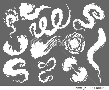 Smoke cloud icons in different forms. Vector special effects of puff and steam clouds, fire blast, smog and fume, dust or vapor template set. Cartoon design white elements of comic book 134380048