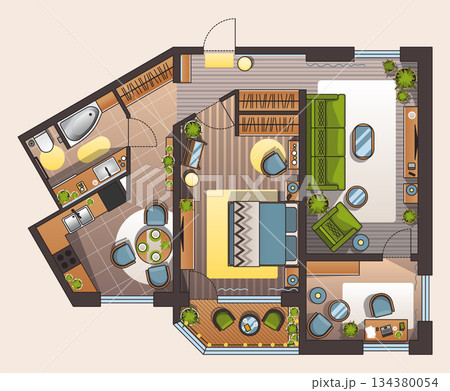 Interior plan in color. Detailed apartment furniture overhead top view. Room in flat style. House floor design project Interior plan in color. Detailed apartment furniture overhead top view. Room in flat style. House floor design project 134380054